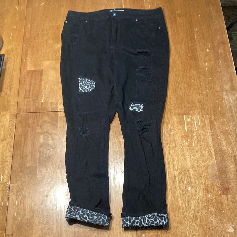 C Denim est. 1946 size 16 distress black Jen’s with leopard print (#17)